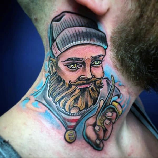 Colorful Mens Sailor Jerry Tattoos On Neck