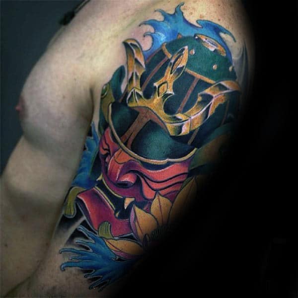 Colorful Mens Samurai Helmet Half Sleeve Tattoos