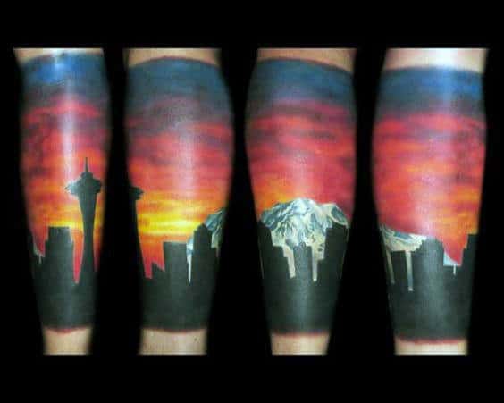 Colorful Mens Seattle Skyline Leg Sleeve Tattoos