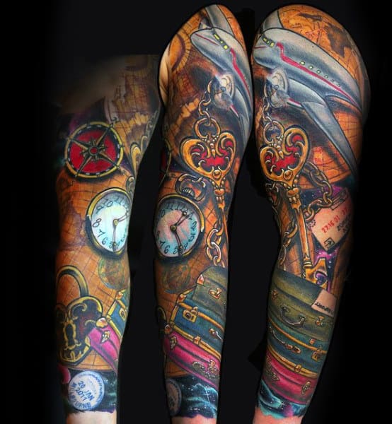 Colorful Mens Suitcase Airplane Travel Full Sleeve Tattoos
