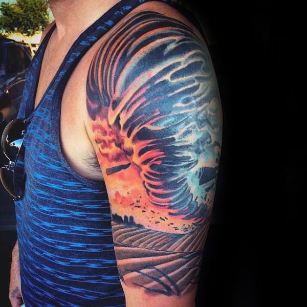 Colorful Mens Tornado Moving Across Farm Half Sleeve Tattoo