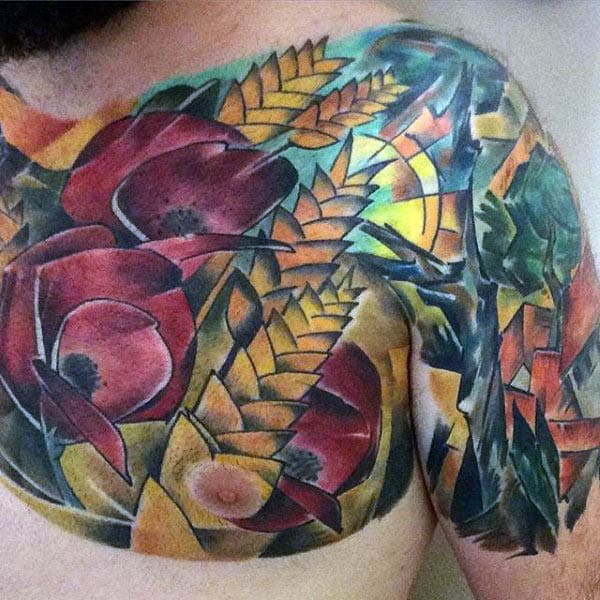 Colorful Mens Upper Chest Poppy Tattoo Design Ideas