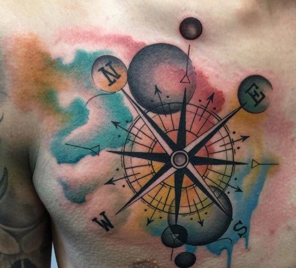 Colorful Mens Watercolor Compass Tattoo Design On a Chest