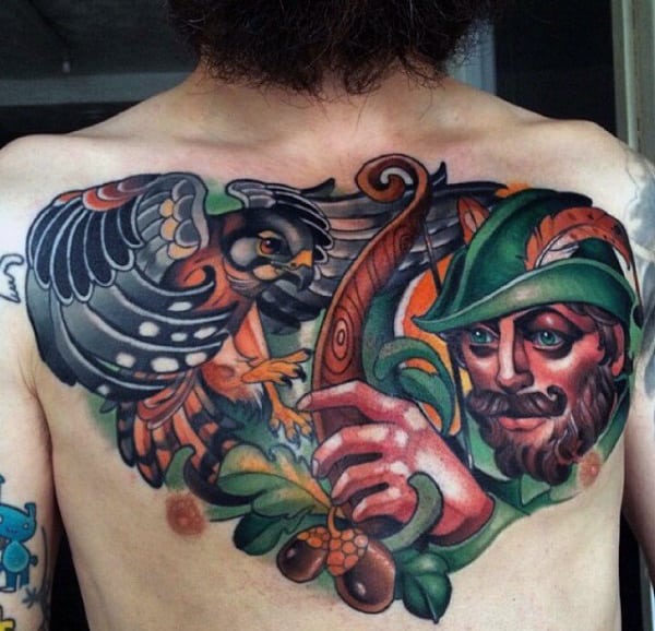 Colorful Modern Guys Upper Chest Tattoo Deisgn Ideas
