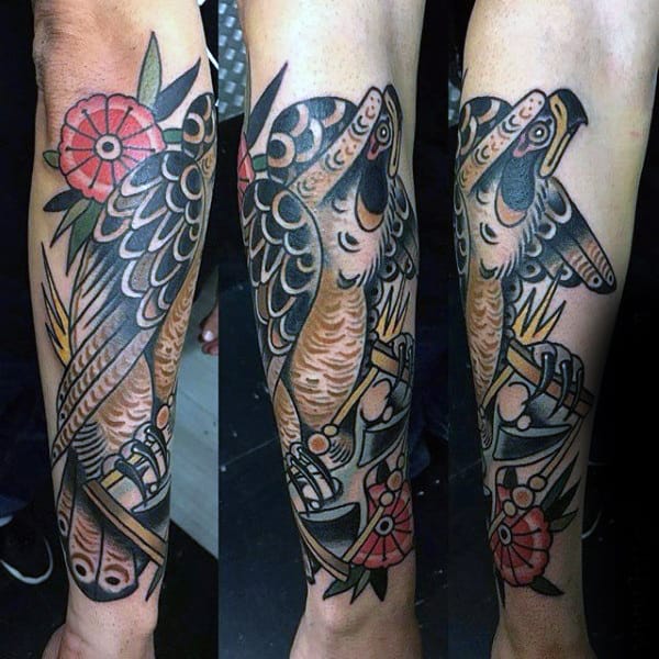 Colorful Modern Hawk Tattoo On Man Forearm