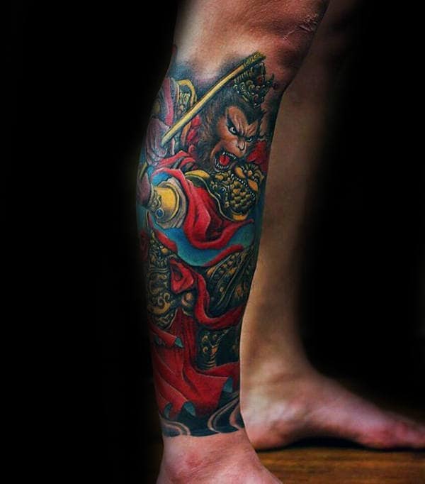 Colorful Monkey King Male Lower Leg Sleeve Tattoos