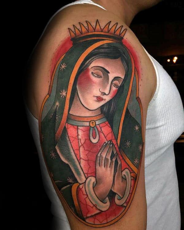 Colorful Mother Mary Guys Upper Arm Tattoo Designs