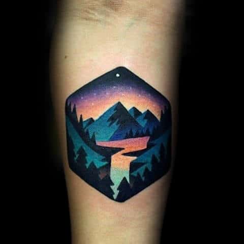 Colorful Mountains Forest Mens Small Tattoo Ideas