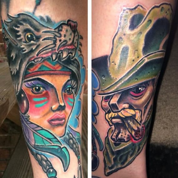 Colorful Neo American Tattoos For Men With Indian Woman Smoking Man