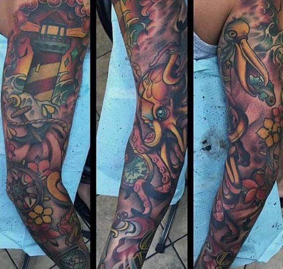 Colorful New School Guys Nautical Sleeve Tattoo Design Ideas