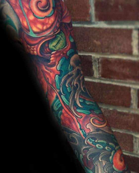 Colorful octopus-themed tattoo sleeve
