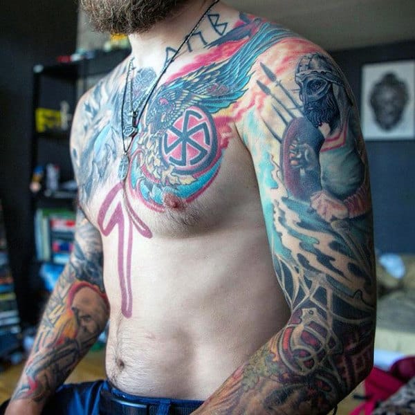Colorful Nordic Viking Rune Mens Sleeve And Chest Tattoos