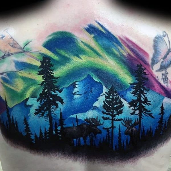 Colorful Northern Lights Mens Woods Moose Upper Back Tattoo
