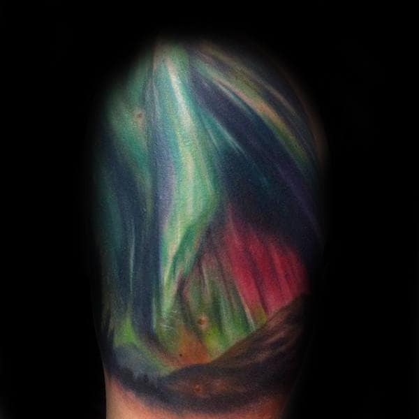 Colorful Northern Lights Upper Arm Tattoo On Gentleman