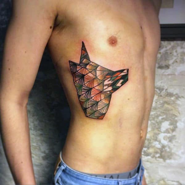 Colorful Origami Wolf Mens Rib Cage Side Tattoo Design Ideas