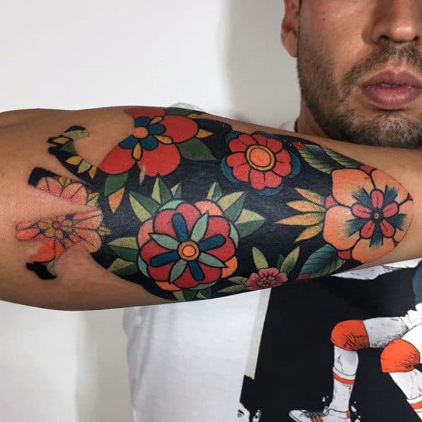 Colorful Outer Forearm Traditional Flower Tattoo Designs For Men
