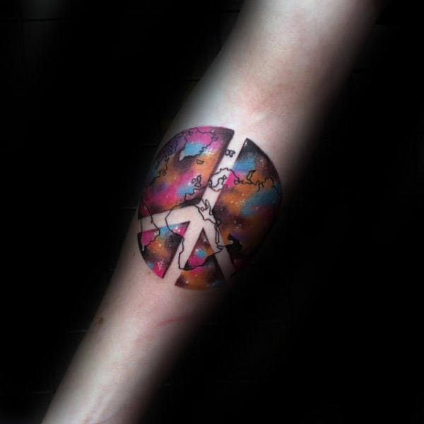 Colorful Outerspace Peace Sign Watercolor Tattoo On Male