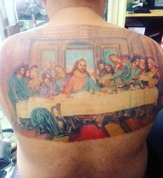 Colorful Painting Last Supper Tattoo On Man