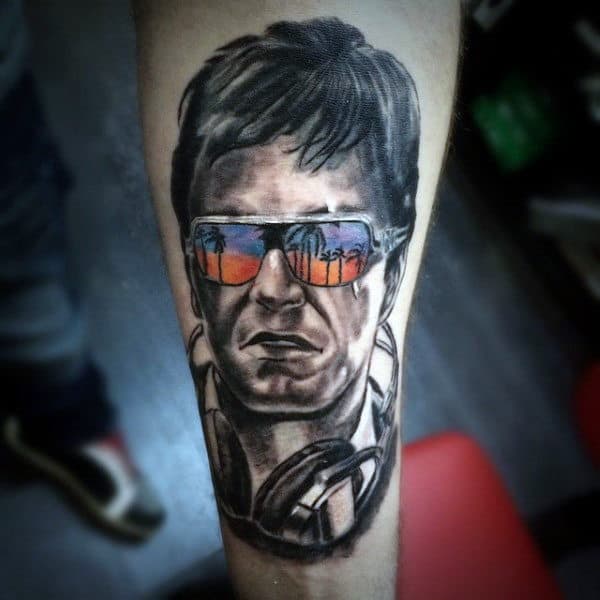 Colorful Palm Trees Scarface Mens Inner Forearm Tattoos