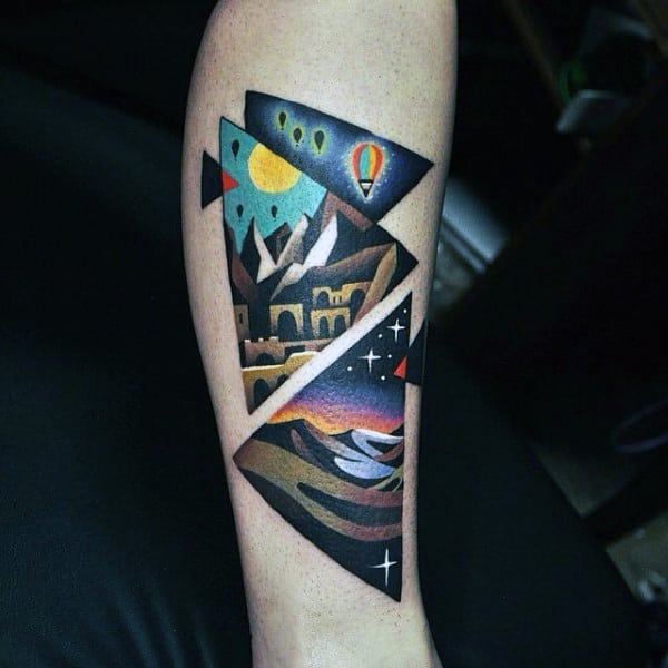 Colorful Patterned Triangle Tattoo On Calves For Guys