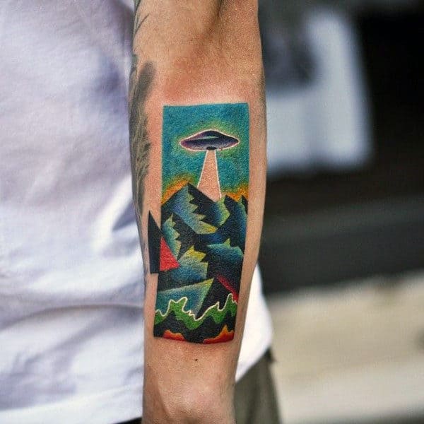 Colorful Patterns Ufo Tattoo Mens Forearms