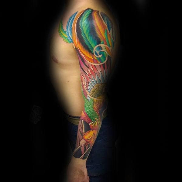 Colorful Peacock Mens Different Full Arm Sleeve Tattoo Design Ideas