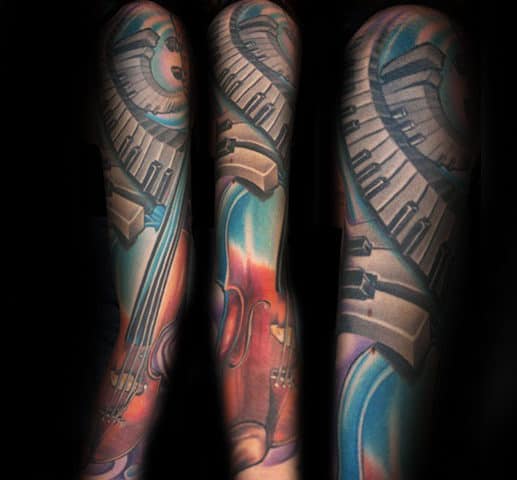 Colorful Piano Full Sleeve Male Tattoo Designs
