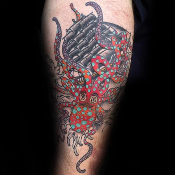 Colorful Polka Dot Kraken Mens Traditional Arm Tattoos