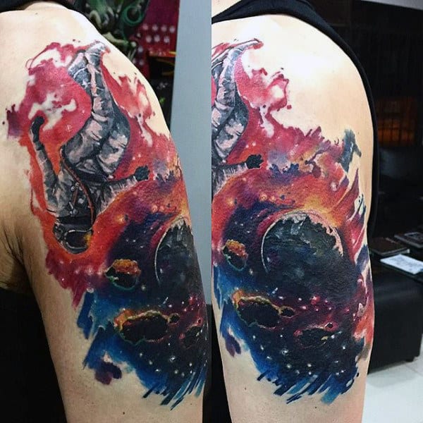 Colorful Portrayal Of Space And Astronaut Tattoo Guys Arms
