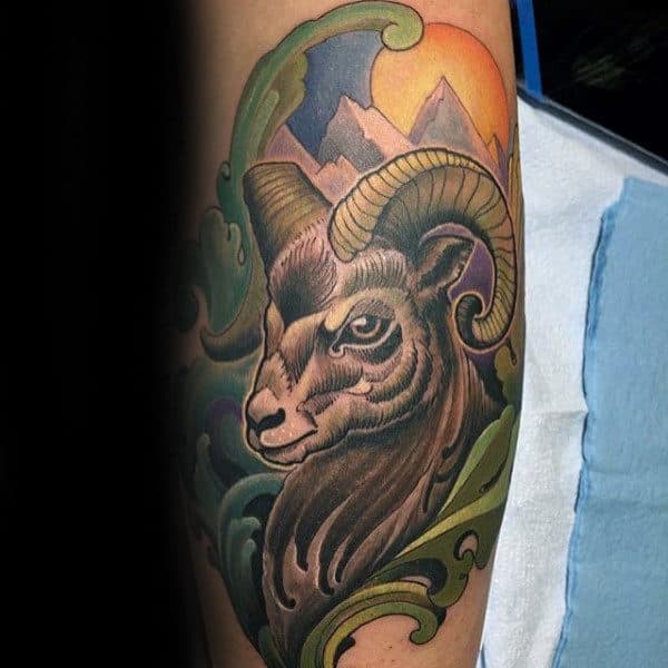 Colorful Ram Ornate Mens Arm Tattoos