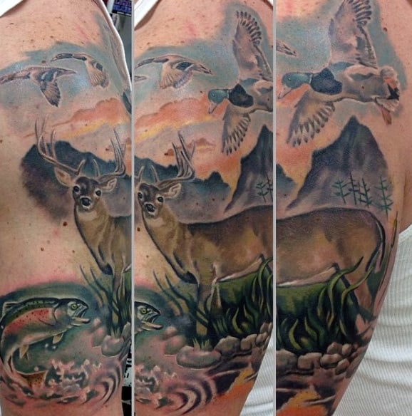 Colorful Realistic Deer Duck And Bird Nature Tattoo On Guy
