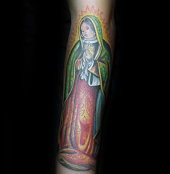 Colorful Religious Forearm Guadalupe Male Tattoo Ideas