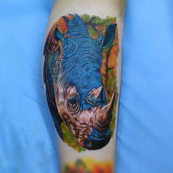 Colorful Rhino Male Leg Calf Tattoo