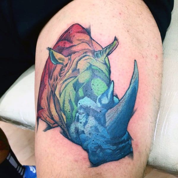 Colorful Rhino Mens Thigh Tattoos
