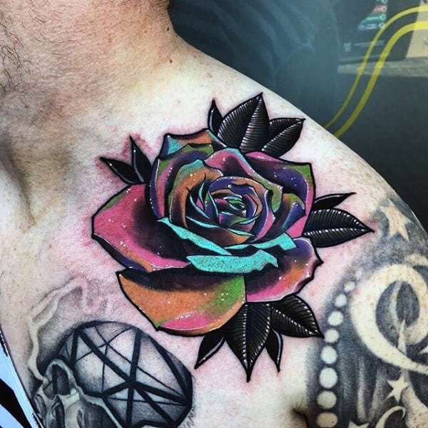 Colorful Rose Flower Mens Shouler Tattoo Ideas