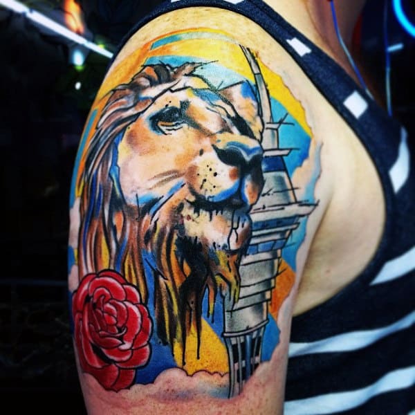 Colorful Rose Lin Quarter Sleeve Tattoo For Guys