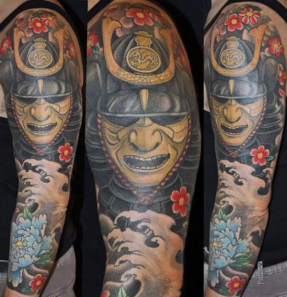 colorful-samurai-mask-and-wave-half-sleeve-tattoo-for-men
