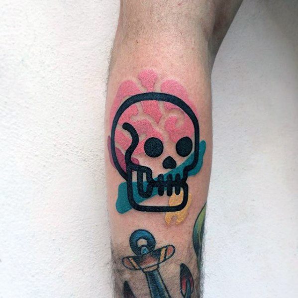 Tattoo of a colorful abstract skull on a forearm