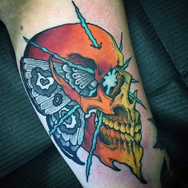 Colorful Skull With Moth Mens Arm Tattoo Ideas