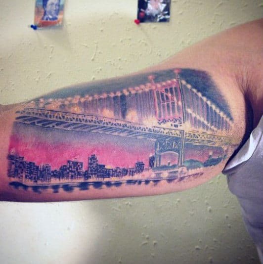 Colorful Sky Brooklyn Bridge Male Bicep Tattoos