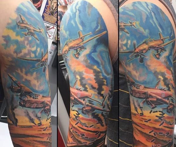 Colorful Sky Ww2 Mens Plane Sleeve Tattoo