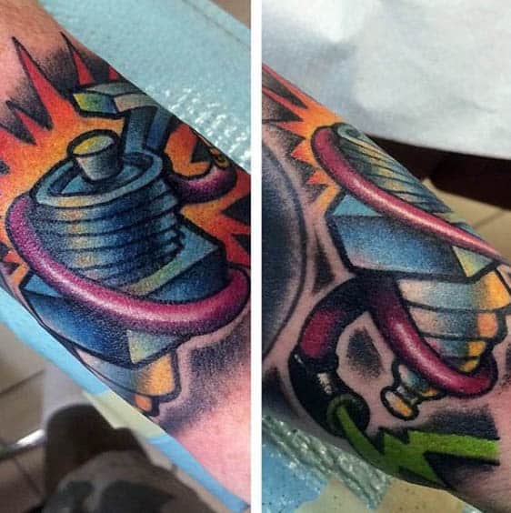 Colorful Spark Plug Tattoo For Males On Forearm