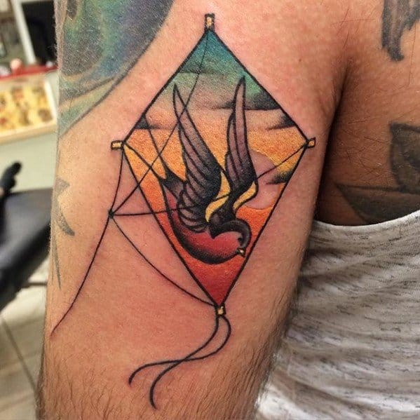Colorful Sparrow Tricep Guys Kite Tattoos