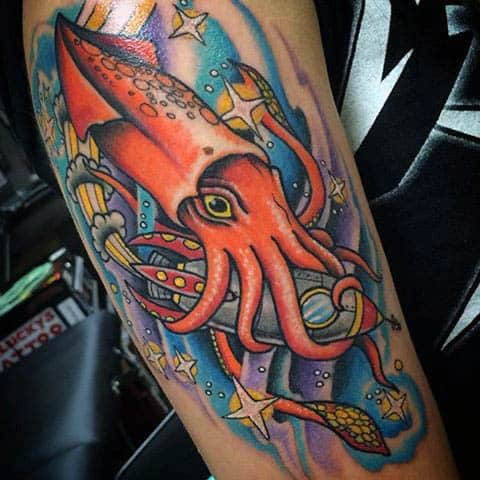 Colorful Squid And Stars Tattoos For Men