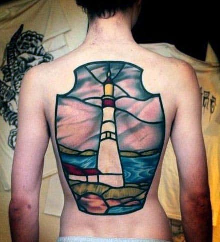 Colorful Stained Glass Lighthouse Mens Back Tattoo Ideas