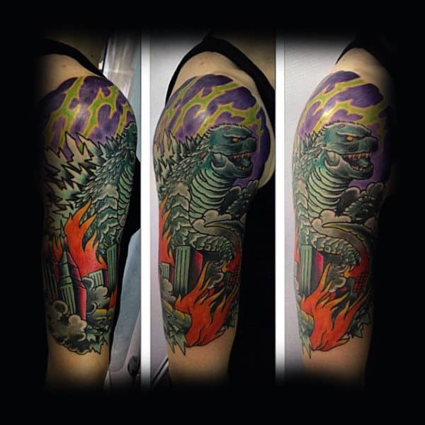 Colorful Storm Scene With Godzilla Half Sleeve On Male