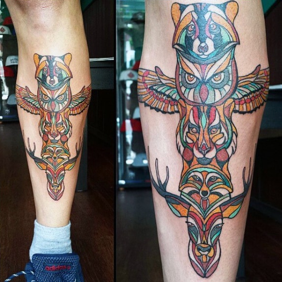 Colorful Stylist Neo Traditional Totem Pole Tattoo On Calf On Gentleman