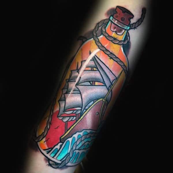 Colorful Sun Ship In A Bottle Arm Guys Tattoos