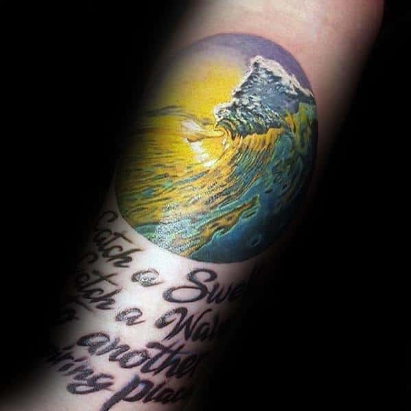 Colorful Sun With Ocean Wave Mens Forearm Small Tattoo Ideas