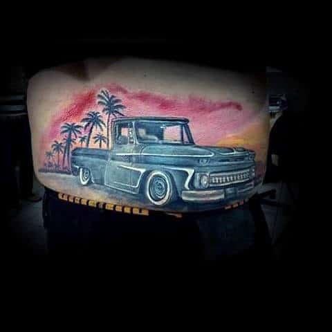 Colorful Sunset With Palm Trees Mens Vintage Truck Lower Back Tattoos